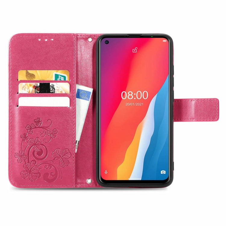 For Ulefone Note 11 Plus Four-leaf Clasp Embossed Buckle Mobile Phone Protection Leather Case with Lanyard & Card Slot & Wallet & Bracket Function(Magenta)