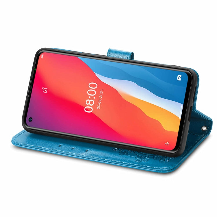 For Ulefone Note 11 Plus Four-leaf Clasp Embossed Buckle Mobile Phone Protection Leather Case with Lanyard & Card Slot & Wallet & Bracket Function(Blue)
