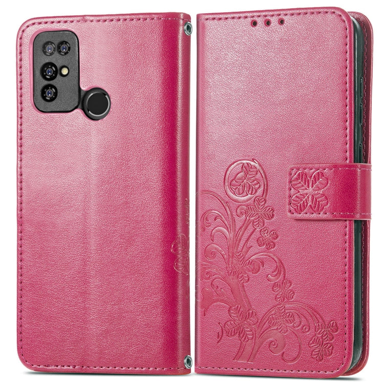 For Doogee X96 Pro Four-leaf Clasp Embossed Buckle Mobile Phone Protection Leather Case with Lanyard & Card Slot & Wallet & Bracket Function(Magenta)