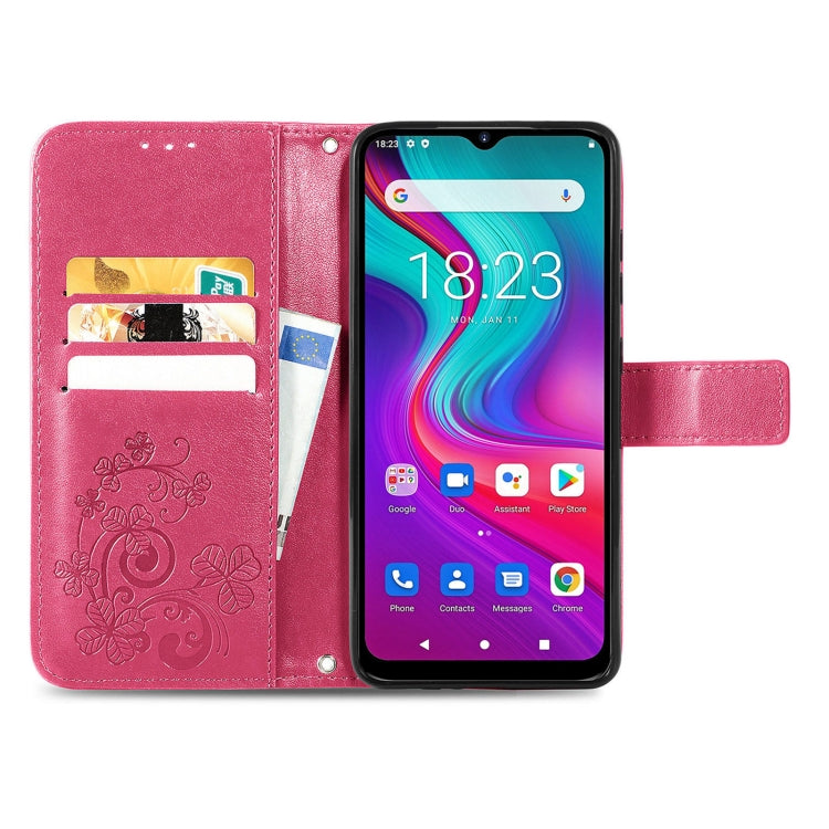For Doogee X96 Pro Four-leaf Clasp Embossed Buckle Mobile Phone Protection Leather Case with Lanyard & Card Slot & Wallet & Bracket Function(Magenta)