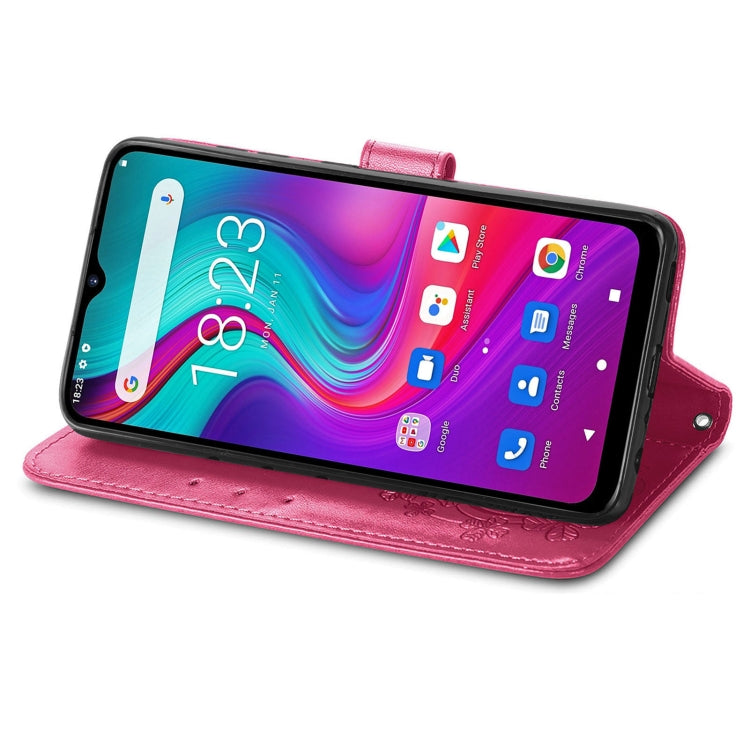 For Doogee X96 Pro Four-leaf Clasp Embossed Buckle Mobile Phone Protection Leather Case with Lanyard & Card Slot & Wallet & Bracket Function(Magenta)