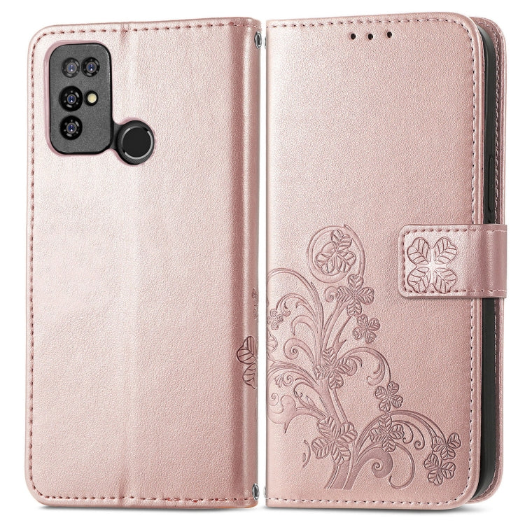 For Doogee X96 Pro Four-leaf Clasp Embossed Buckle Mobile Phone Protection Leather Case with Lanyard & Card Slot & Wallet & Bracket Function(Rose Gold)
