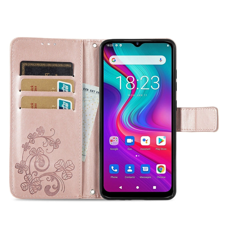 For Doogee X96 Pro Four-leaf Clasp Embossed Buckle Mobile Phone Protection Leather Case with Lanyard & Card Slot & Wallet & Bracket Function(Rose Gold)