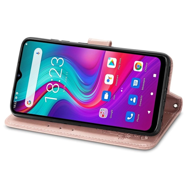 For Doogee X96 Pro Four-leaf Clasp Embossed Buckle Mobile Phone Protection Leather Case with Lanyard & Card Slot & Wallet & Bracket Function(Rose Gold)