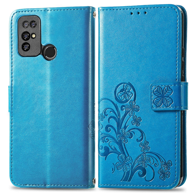 For Doogee X96 Pro Four-leaf Clasp Embossed Buckle Mobile Phone Protection Leather Case with Lanyard & Card Slot & Wallet & Bracket Function(Blue)