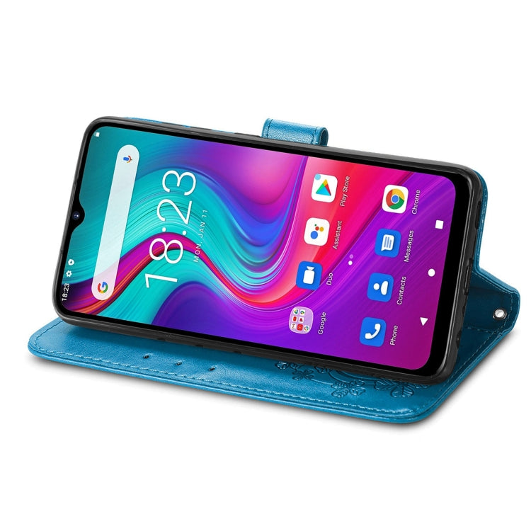 For Doogee X96 Pro Four-leaf Clasp Embossed Buckle Mobile Phone Protection Leather Case with Lanyard & Card Slot & Wallet & Bracket Function(Blue)