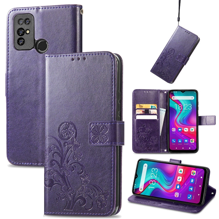 For Doogee X96 Pro Four-leaf Clasp Embossed Buckle Mobile Phone Protection Leather Case with Lanyard & Card Slot & Wallet & Bracket Function(Purple)
