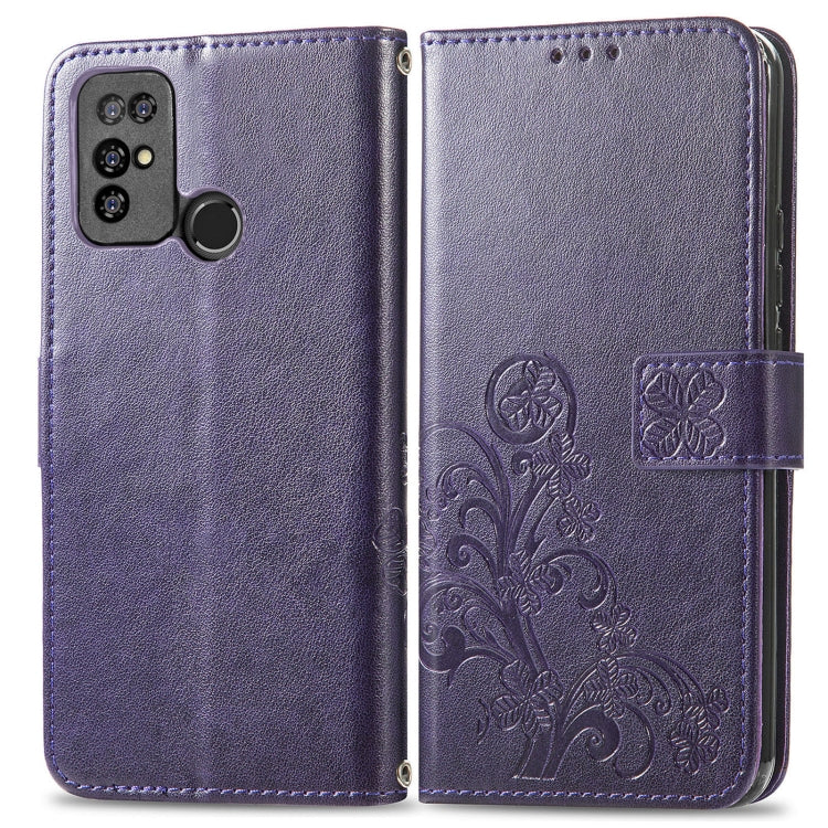 For Doogee X96 Pro Four-leaf Clasp Embossed Buckle Mobile Phone Protection Leather Case with Lanyard & Card Slot & Wallet & Bracket Function(Purple)