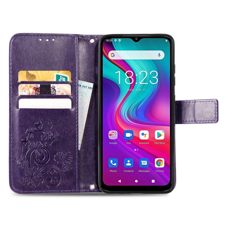 For Doogee X96 Pro Four-leaf Clasp Embossed Buckle Mobile Phone Protection Leather Case with Lanyard & Card Slot & Wallet & Bracket Function(Purple)