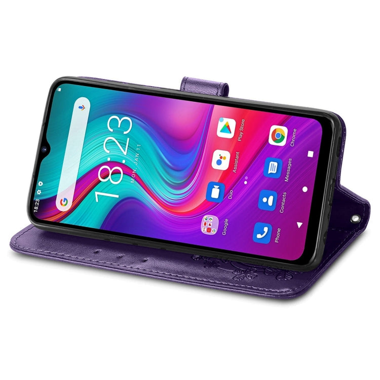 For Doogee X96 Pro Four-leaf Clasp Embossed Buckle Mobile Phone Protection Leather Case with Lanyard & Card Slot & Wallet & Bracket Function(Purple)