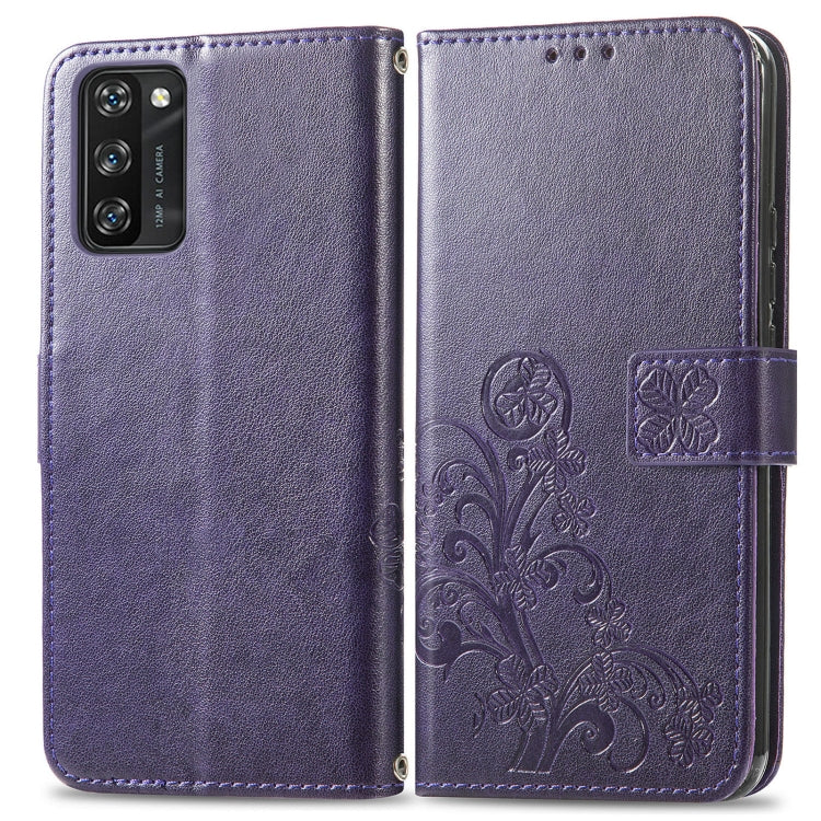 For Blackview A100 Four-leaf Clasp Embossed Buckle Mobile Phone Protection Leather Case with Lanyard & Card Slot & Wallet & Bracket Function(Purple)