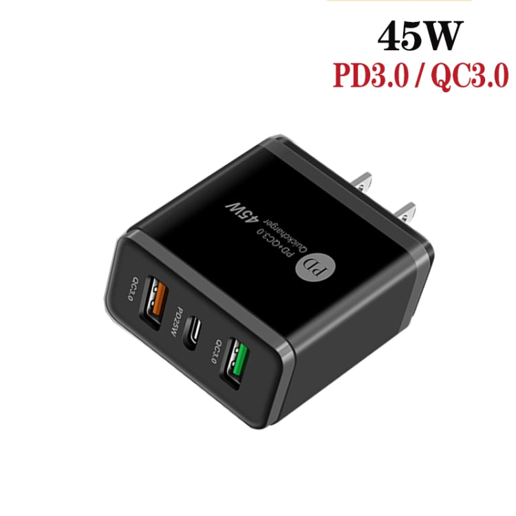45W PD25W + 2 x QC3.0 USB Multi Port Charger with USB to 8 Pin Cable, US Plug(Black)