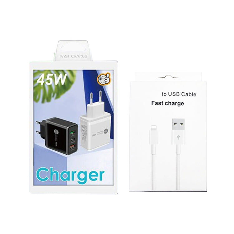 45W PD25W + 2 x QC3.0 USB Multi Port Charger with USB to 8 Pin Cable, EU Plug(Black)