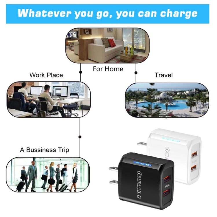 36W Dual Port QC3.0 USB Charger with 3A USB to 8 Pin Data Cable, US Plug(White)