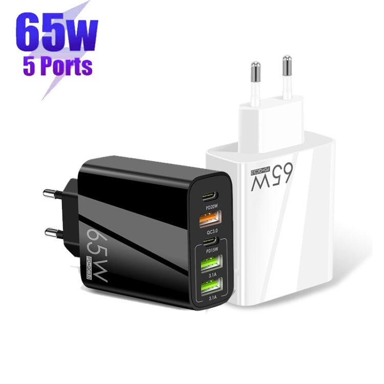 65W Dual PD Type-C + 3 x USB Multi Port Charger with 3A Type-C to 8 Pin Data Cable, EU Plug(White)