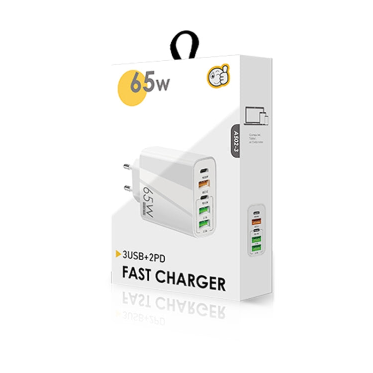 65W Dual PD Type-C + 3 x USB Multi Port Charger with 3A Type-C to 8 Pin Data Cable, EU Plug(White)