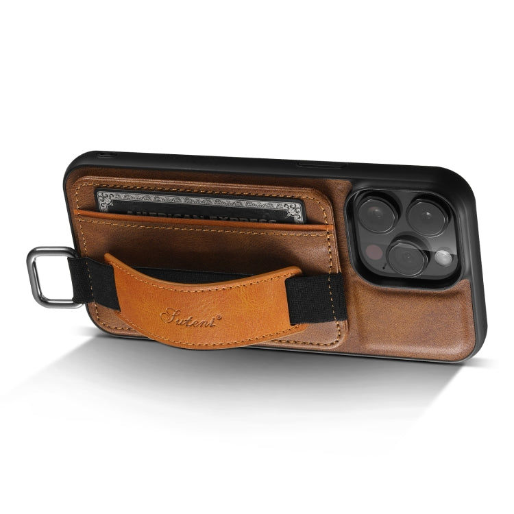 For iPhone 14 Pro Max Suteni H13 Card Wallet Wrist Strap Holder PU Phone Case(Brown)