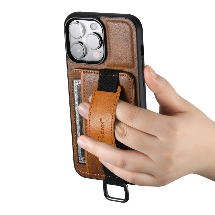 For iPhone 14 Pro Max Suteni H13 Card Wallet Wrist Strap Holder PU Phone Case(Brown)