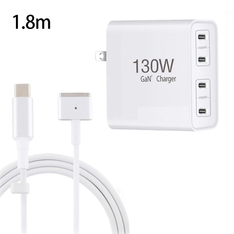 GaN 130W 4-Port USB-C PD65W / PD30W Multi Port Type-C Charger with 1.8m Type-C to MagSafe 2 / T Header Data Cable US Plug