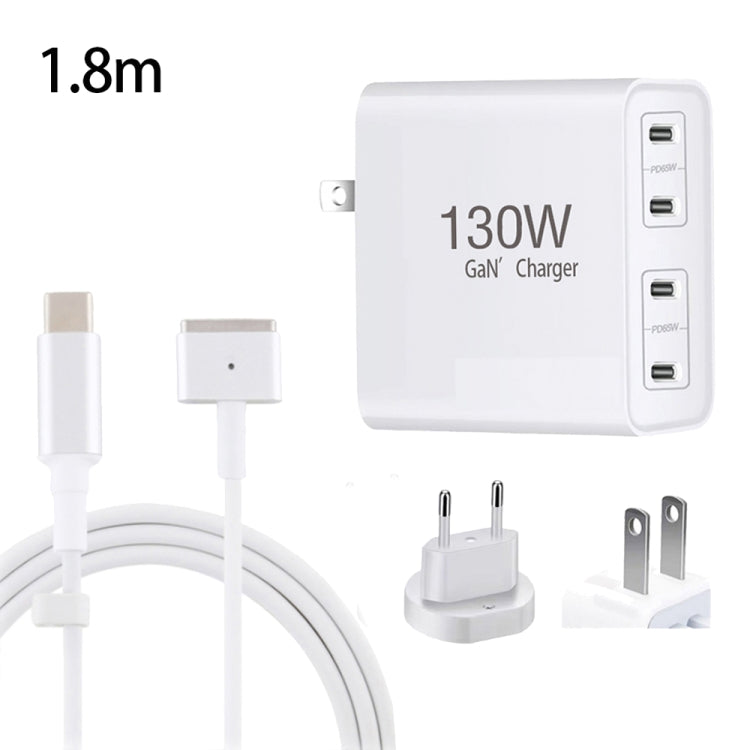 GaN 130W 4-Port USB-C PD65W / PD30W Multi Port Type-C Charger with 1.8m Type-C to MagSafe 2 / T Header Data Cable US / EU Plug