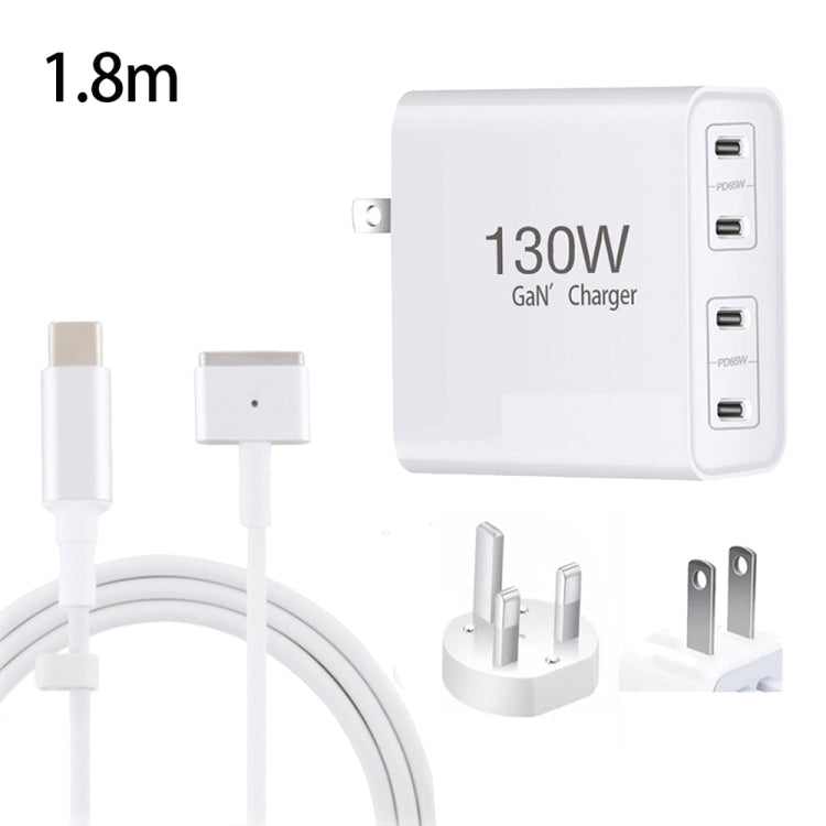 GaN 130W 4-Port USB-C PD65W / PD30W Multi Port Type-C Charger with 1.8m Type-C to MagSafe 2 / T Header Data Cable US / UK Plug