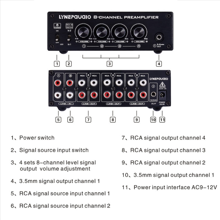 2 in 8 out Switcher Pre-Amplifier Speaker Distributor Signal Booster with Volume Control And Earphone 16-600 ohms / Monitor Function - by PMC Jewellery | Online Shopping South Africa | PMC Jewellery | Buy Now Pay Later Mobicred