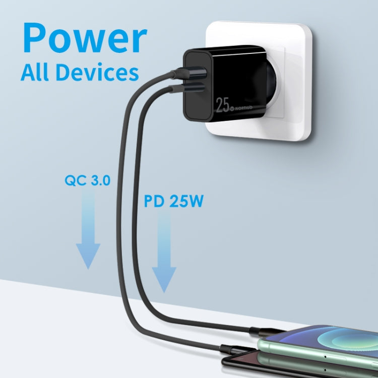 NORTHJO NOPD2502 PD 25W USB-C/Type-C + QC 3.0 USB Dual Ports Fast Charger, Plug Type:EU Plug(Black)