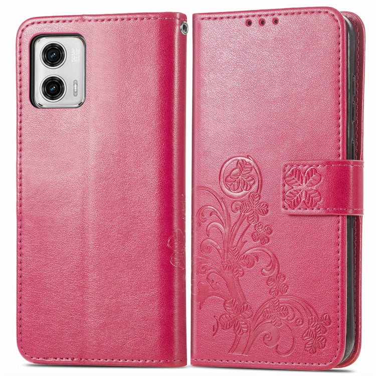 For Motorola Moto G73 Four-leaf Clasp Embossed Buckle Leather Phone Case(Magenta)