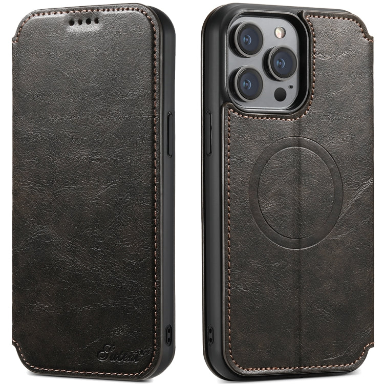 For iPhone 12 Pro Max Suteni J05 Leather Magnetic Magsafe Phone Case(Black)