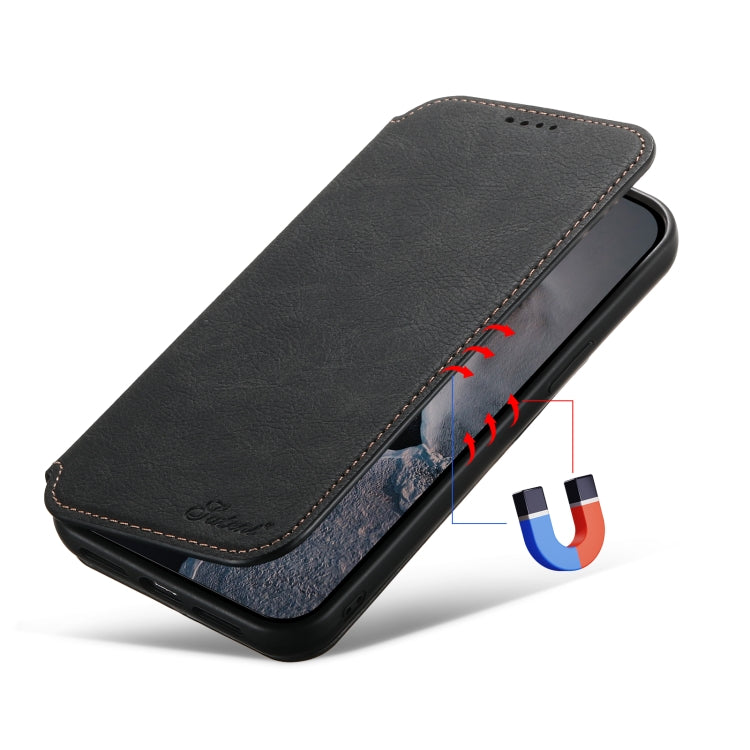 For iPhone 12/12 Pro Suteni J06 Retro Matte Litchi Texture Leather Magnetic Magsafe Phone Case(Black)