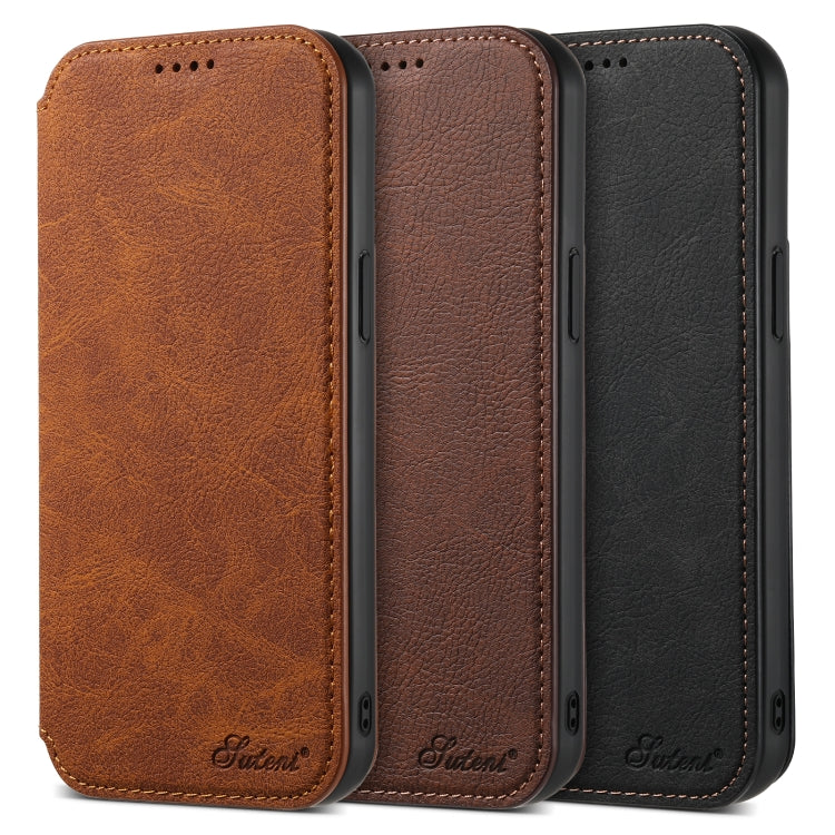 For iPhone 12/12 Pro Suteni J06 Retro Matte Litchi Texture Leather Magnetic Magsafe Phone Case(Black)