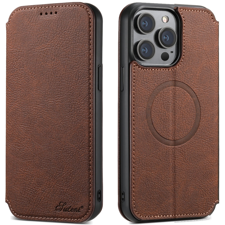 For iPhone 14 Pro Max Suteni J06 Retro Matte Litchi Texture Leather Magnetic Magsafe Phone Case(Brown)
