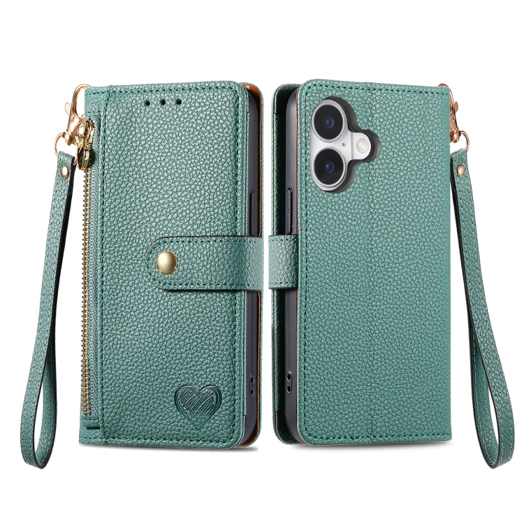 For iPhone 16 Pro Max Love Zipper Lanyard Leather Phone Case(Green)
