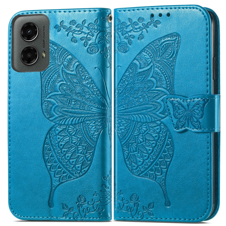 For Motorola Moto G 5G 2024 Butterfly Love Flower Embossed Leather Phone Case(Blue)