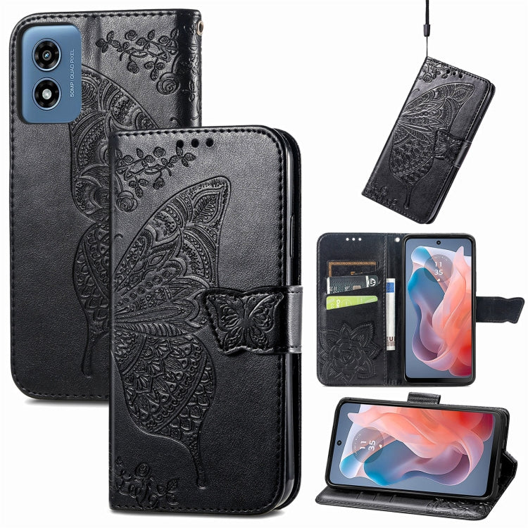 For Motorola Moto G Play 2024 Butterfly Love Flower Embossed Leather Phone Case(Black)