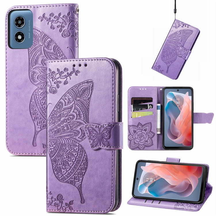 For Motorola Moto G Play 2024 Butterfly Love Flower Embossed Leather Phone Case(Light Purple)