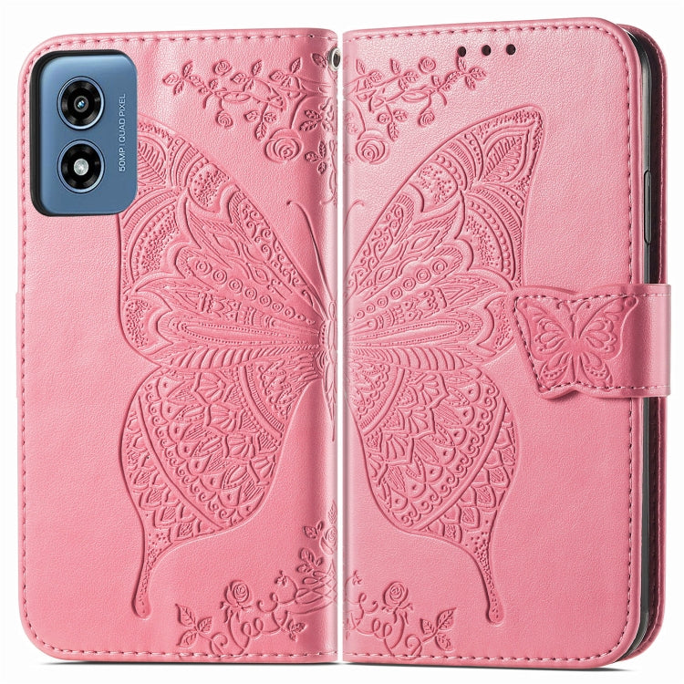 For Motorola Moto G Play 2024 Butterfly Love Flower Embossed Leather Phone Case(Pink)
