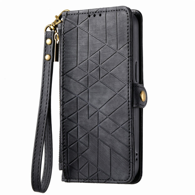 For iPhone 13 Pro Max Geometric Zipper Wallet Side Buckle Leather Phone Case(Black)