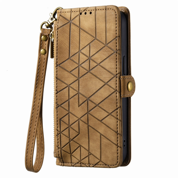 For iPhone XS Max Geometric Zipper Wallet Side Buckle Leather Phone Case(Brown)
