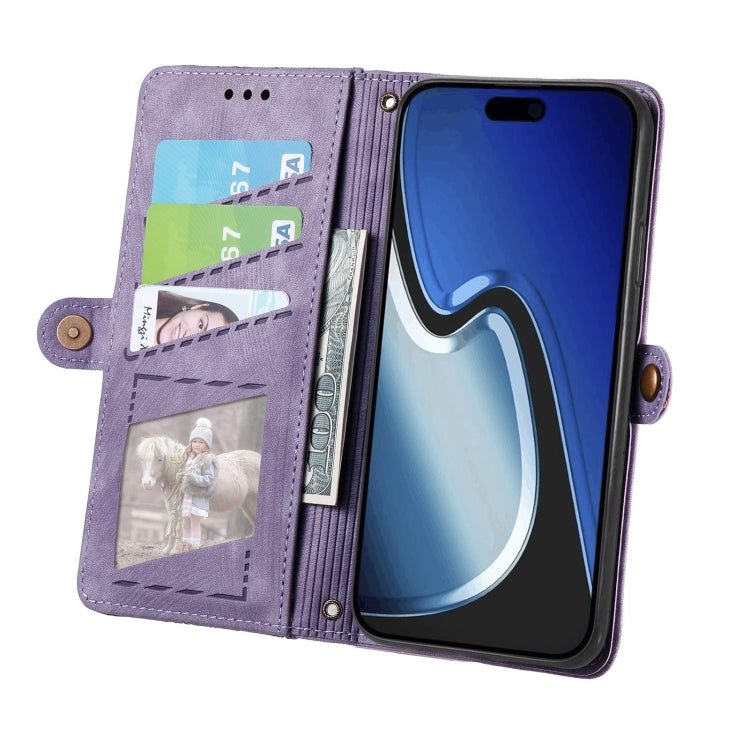 For iPhone 15 Pro Geometric Zipper Wallet Side Buckle Leather Phone Case(Purple)