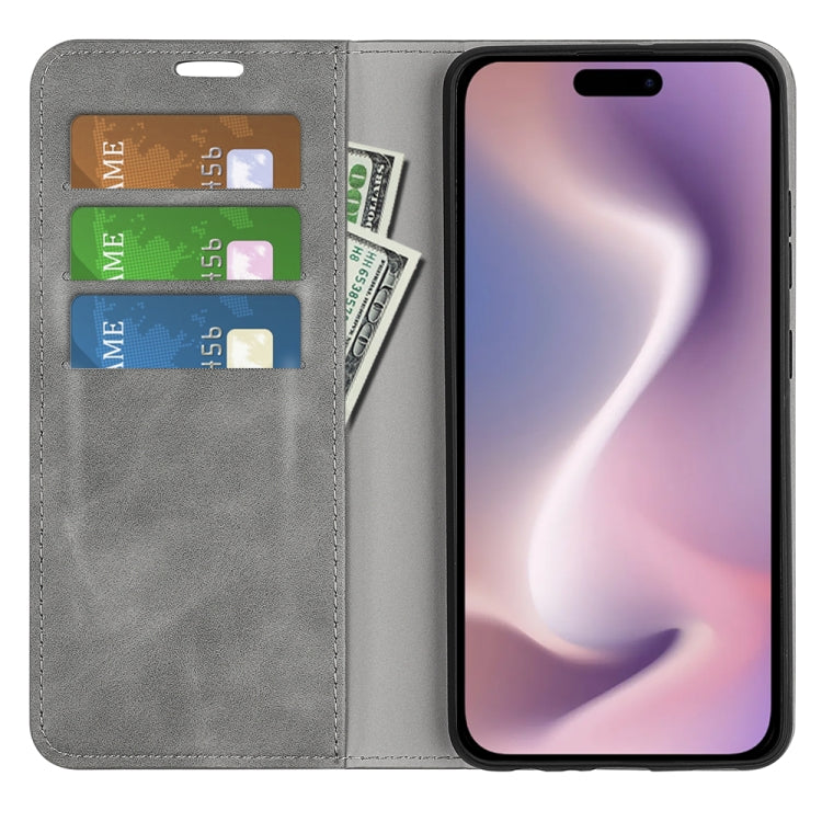 For iPhone 16 Pro Retro-skin Magnetic Suction Leather Phone Case(Grey)