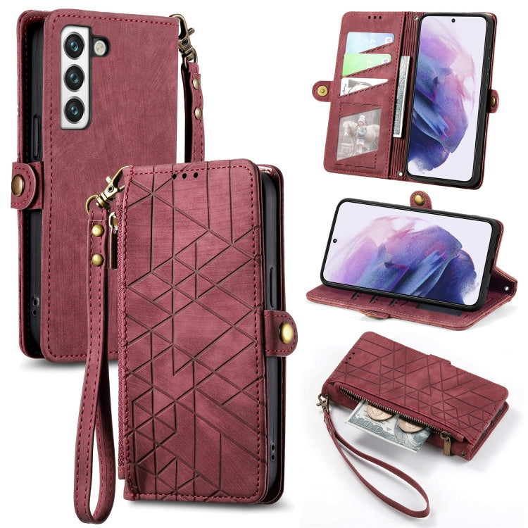 For Samsung Galaxy S23 5G Geometric Zipper Wallet Side Buckle Leather Phone Case(Red)