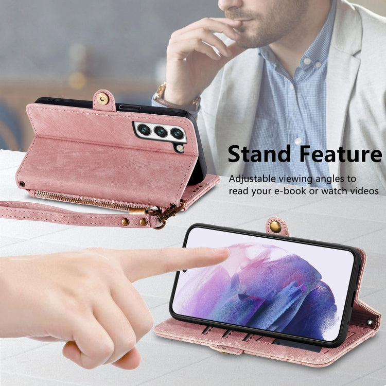 For Samsung Galaxy S23 Ultra 5G Geometric Zipper Wallet Side Buckle Leather Phone Case(Pink)