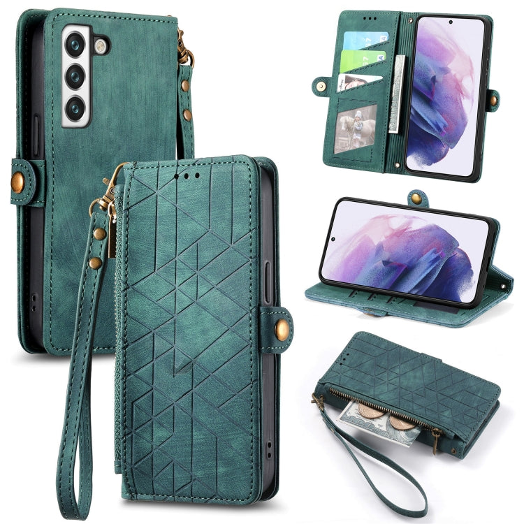 For Samsung Galaxy S23 Ultra 5G Geometric Zipper Wallet Side Buckle Leather Phone Case(Green)