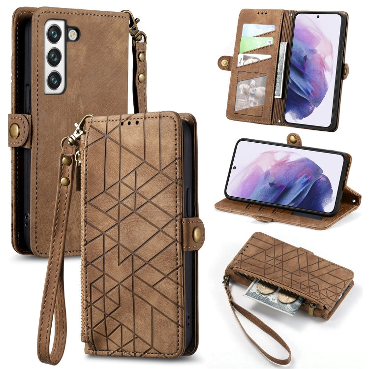 For Samsung Galaxy S23 Ultra 5G Geometric Zipper Wallet Side Buckle Leather Phone Case(Brown)