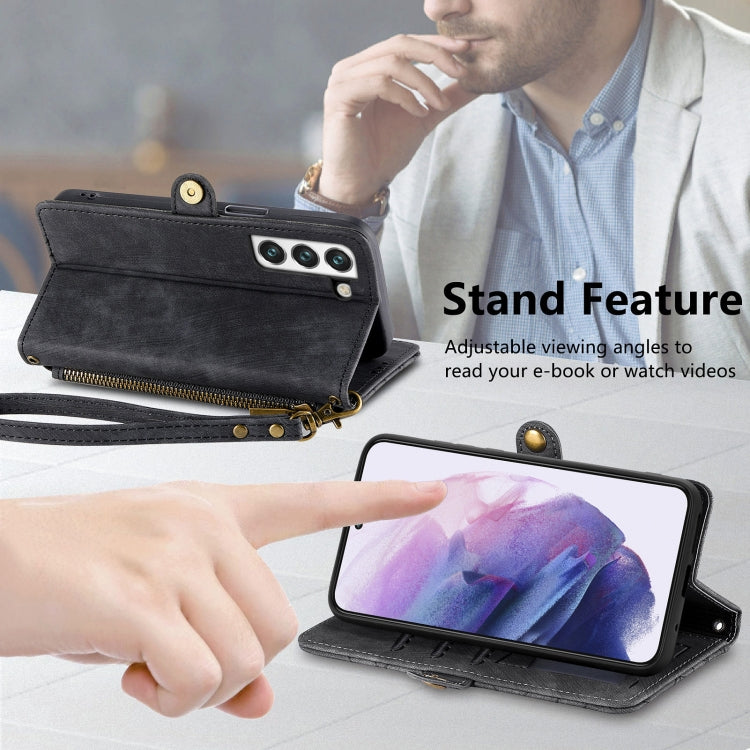 For Samsung Galaxy S23 Ultra 5G Geometric Zipper Wallet Side Buckle Leather Phone Case(Black)