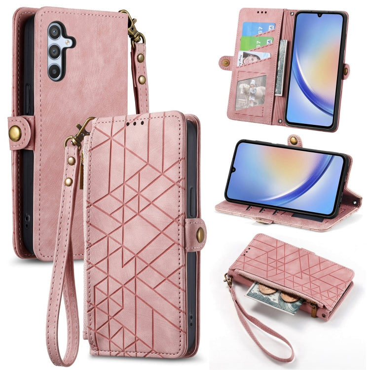 For Samsung Galaxy A50 Geometric Zipper Wallet Side Buckle Leather Phone Case(Pink)