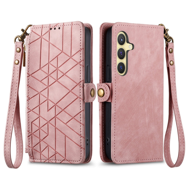 For Samsung Galaxy S25 5G Geometric Zipper Wallet Side Buckle Leather Phone Case(Pink)