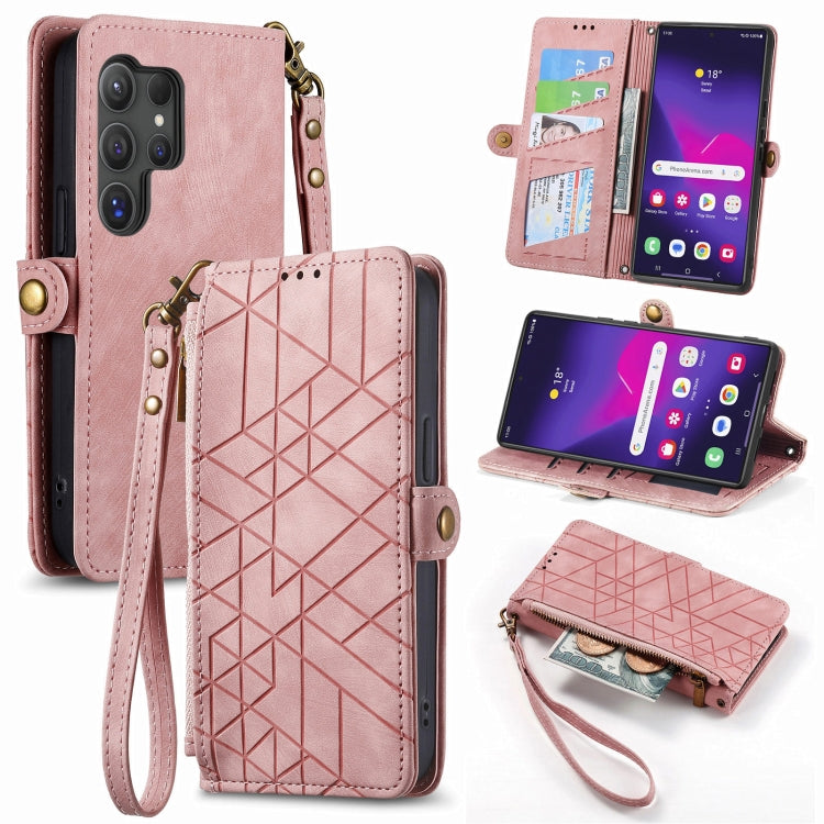 For Samsung Galaxy S25 Ultra 5G Geometric Zipper Wallet Side Buckle Leather Phone Case(Pink)