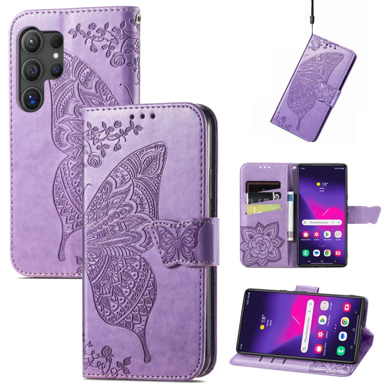 For Samsung Galaxy S25 Ultra 5G Butterfly Love Flower Embossed Leather Phone Case(Light Purple)